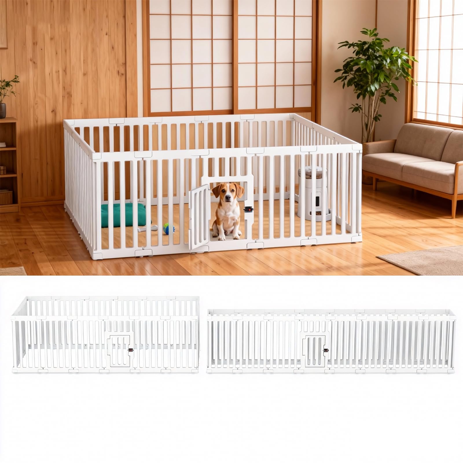 組み立て簡単、収納も便利: この犬用フェンスは、パネルをコネクタに差し込むだけで設置完了。工具不要で誰でも簡単に組み立て可能。下部コネクタに吸盤が付き、滑りやすい床でもしっかり固定。使わない時はパネルを重ねて、省スペースに収納できます。自由に組み合わせ、さまざまなスペースに対応: 18枚のパネルを自由に組み合わせて、長方形、正方形など、さまざまなサイズや形状に調整できます。小型ペットに対応しており、ペットの成長や活動量に合わせて最適なスペースを作り、快適で安全なエリアを提供します。安全で快適なペット空間：囲いは「檻感」がなく、視線を遮らないデザインで、ペットと飼い主が常にコミュニケーションを取れる環境を提供します。小型犬やウサギなどのペットに最適で、快適で安全なエリアを提供します。扉付きで出入りも簡単、安心してお留守番:ペットが簡単に出入りできる扉付きで、外側にはロックが付いており、ペットの脱走を防ぎます。来客時やお掃除の際など、一時的にペットを安全に隔離したい場面でも大活躍。安心して快適な環境を作ることができます。丈夫な作りと清潔感のあるデザイン：安定感のあるしっかりとした構造で、毎日の使用にも安心。表面が滑らかで、汚れても濡れた布でサッと拭くだけで簡単にお手入れできます。清潔感のあるミニマルなデザインは、どんなお部屋にも自然に馴染み、空間をすっきりと演出します。組み立て簡単、収納も便利: この犬用フェンスは、パネルをコネクタに差し込むだけで設置完了。工具不要で誰でも簡単に組み立て可能。下部コネクタに吸盤が付き、滑りやすい床でもしっかり固定。使わない時はパネルを重ねて、省スペースに収納できます。 自由に組み合わせ、さまざまなスペースに対応: 18枚のパネルを自由に組み合わせて、長方形、正方形など、さまざまなサイズや形状に調整できます。小型ペットに対応しており、ペットの成長や活動量に合わせて最適なスペースを作り、快適で安全なエリアを提供します。 安全で快適なペット空間：囲いは「檻感」がなく、視線を遮らないデザインで、ペットと飼い主が常にコミュニケーションを取れる環境を提供します。小型犬やウサギなどのペットに最適で、快適で安全なエリアを提供します。 扉付きで出入りも簡単、安心してお留守番:ペットが簡単に出入りできる扉付きで、外側にはロックが付いており、ペットの脱走を防ぎます。来客時やお掃除の際など、一時的にペットを安全に隔離したい場面でも大活躍。安心して快適な環境を作ることができます。 丈夫な作りと清潔感のあるデザイン：安定感のあるしっかりとした構造で、毎日の使用にも安心。表面が滑らかで、汚れても濡れた布でサッと拭くだけで簡単にお手入れできます。清潔感のあるミニマルなデザインは、どんなお部屋にも自然に馴染み、空間をすっきりと演出します。商品情報 詳細情報 パッケージタイプ &lrm;ラッチ 色 &lrm;白い サイズ &lrm;18枚セット 特殊な用途 &lrm;インドア 電池使用 &lrm;いいえ 重要なお知らせ 使用方法 ペットの頭がパネルの間の隙間より小さい場合、この製品は適していません。