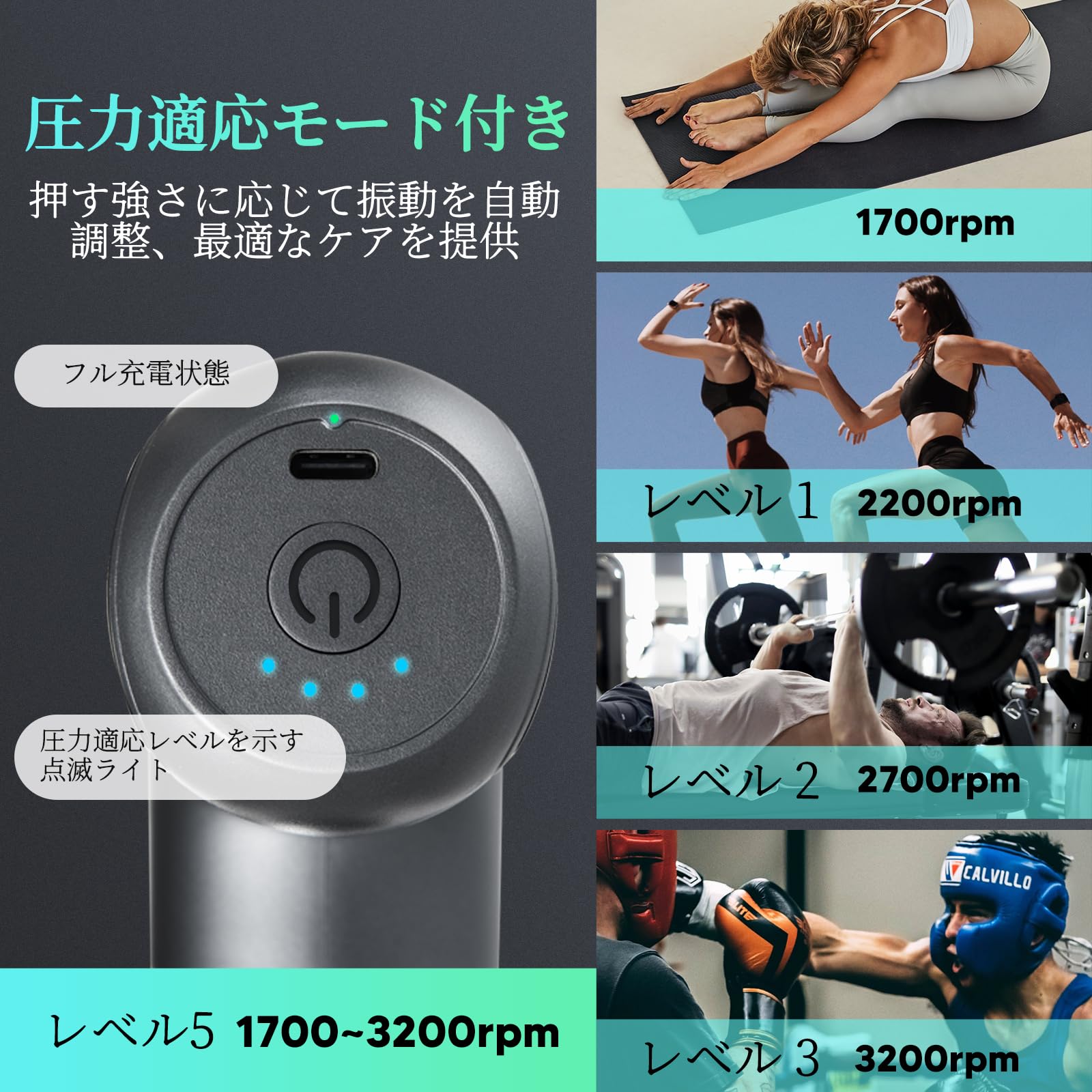 renos楽天市場店の筋膜リリースガン ハンディガン MINI 自適応モード 5つのシリコンヘッド付属 8mm振幅 5段階強力振動 リリースガン 筋膜リリース｜アングル3