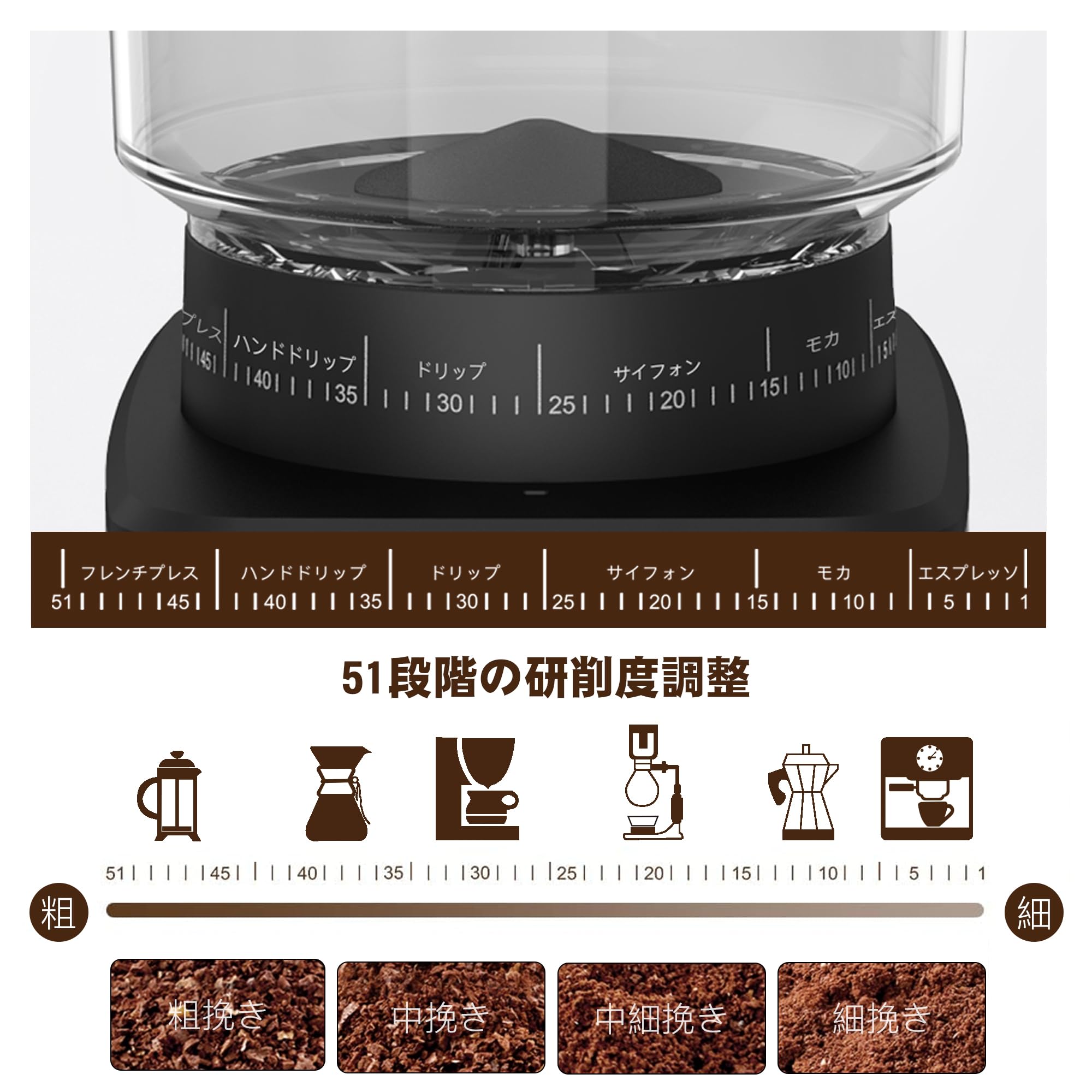 電動コーヒーミル コーヒーグラインダー コーン式コーヒーグラインダー 極細~粗挽き 粒度51段階設定 コーヒー粉砕機 小型 珈琲ミル 2