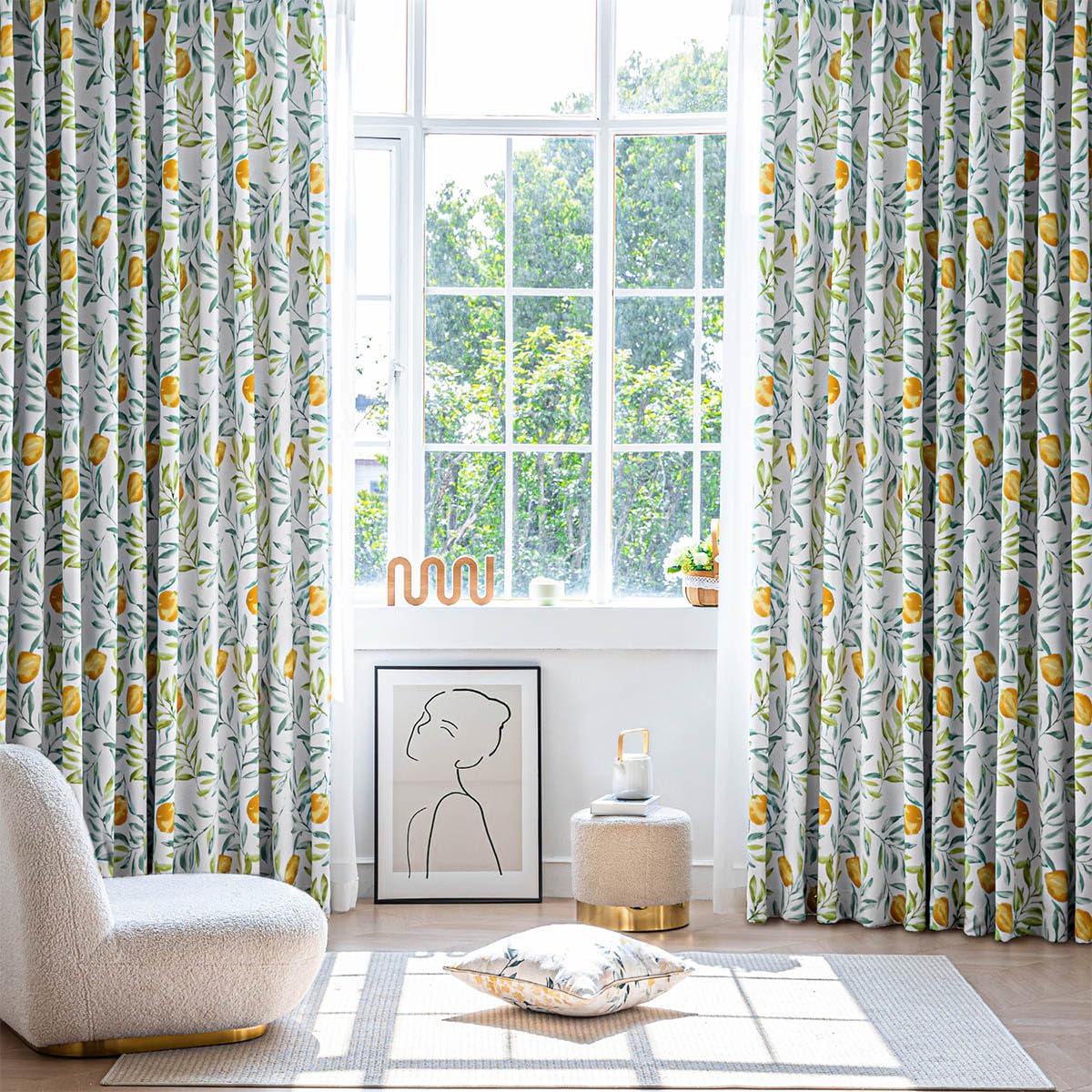 カーテン 遮光 99.9%以上 北欧 レモン柄 幅150丈178CM 2枚セット 形状記憶 UVカット 断熱 防寒 節電 可..