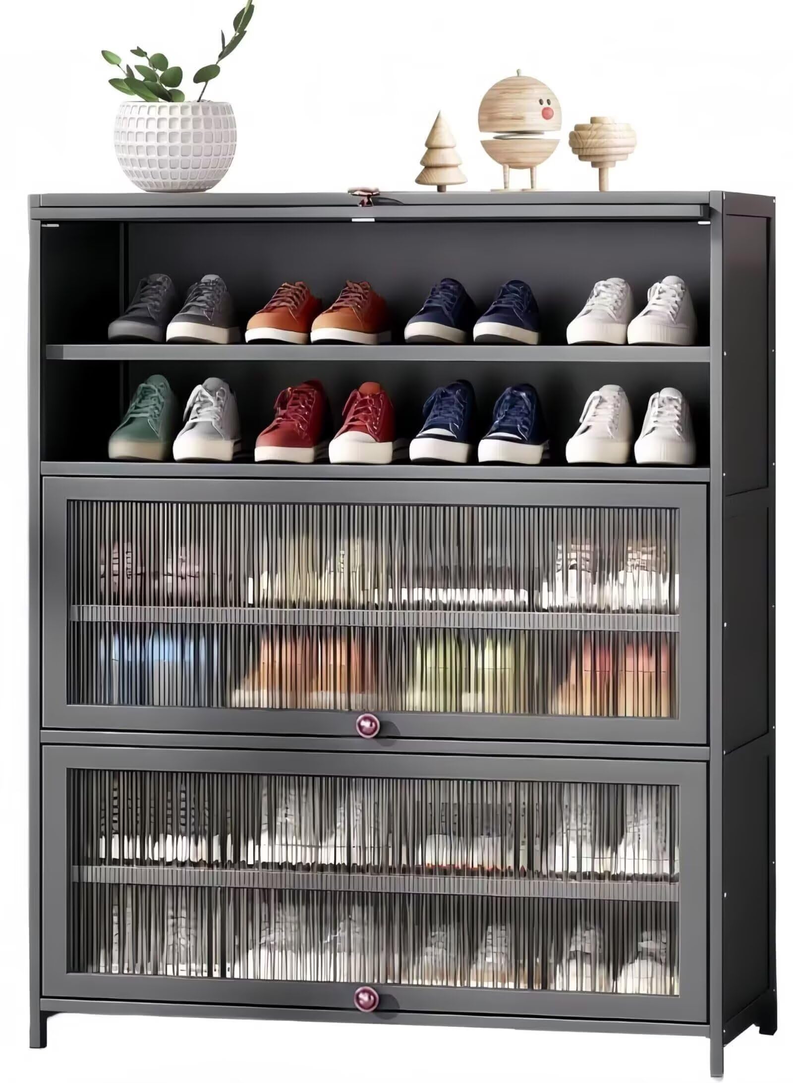 Rakuten - シューズラック 下駄箱 竹製 シューズキャビネット 7段 大容量80*32*106.8cm シューズボックス 扉付き 長虹アクリル素材 靴棚 靴収納 靴