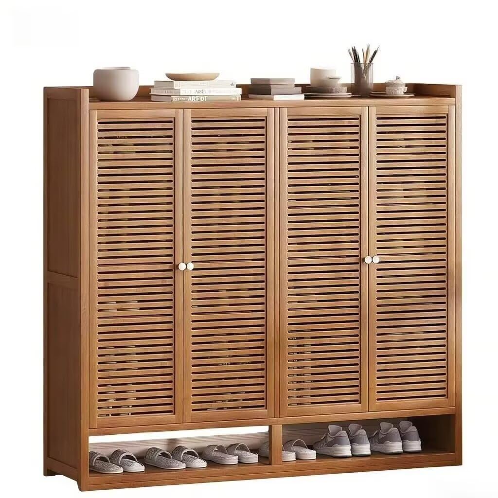 Rakuten - シューズラック 下駄箱 竹製 シューズキャビネット 8段 117x32x111.5cm 大容量 収納便利 靴棚 靴収納ラック 扉付き コンパクト 省スペー