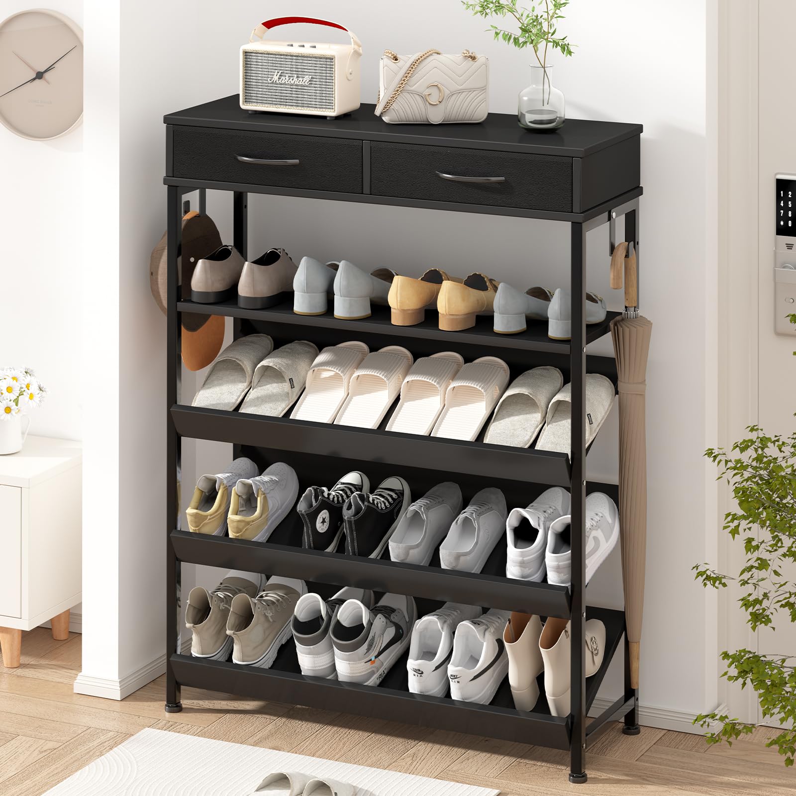 Rakuten - シューズラック シューズストレージ 幅77奥行き27高さ102cm 3段斜面 棚板高さ調節可能 耐震転倒防止パーツ付き 下駄箱 靴箱 靴置き 靴収