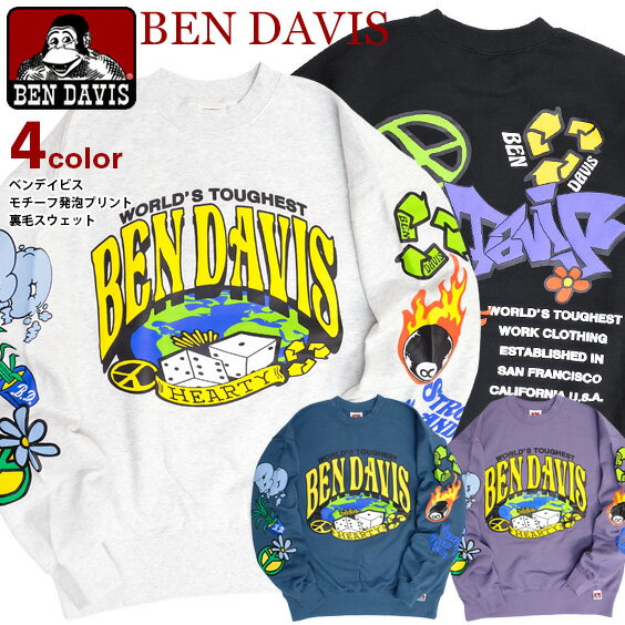 ベンデイビス トレーナー メンズ BEN DAVIS スウェット ベンデイビス 2023 アーチロゴ イラスト 発泡 プリント ワイド スエット 裏毛 メンズ 袖プリント トレーナー ビッグシルエット バックプリント ベンデイヴィス 秋冬 アメカジ BEN-2036