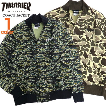 THRASHER スタジャン カモフラ柄 ロゴ プリント スラッシャー スタジアムジャケット スウェット 裏毛 メンズ ジャケット カモフラ ブランドロゴプリント スラッシャーマガジン アウター thrasher magazine メンズアウター 総柄 商品番号 THRASHER-011