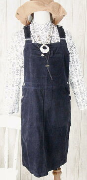 『merlot』コーデュロイ無地サロペットスカート(ダークネイビー)(春・冬・秋)レディース 女性 ミモレ丈 ロング丈 7分丈 10分丈 オールインワン サロペット プルオーバー ワンピース スカート 濃紺 つなぎ 【merlot(メルロー)】 メルロー 畝あり【W】