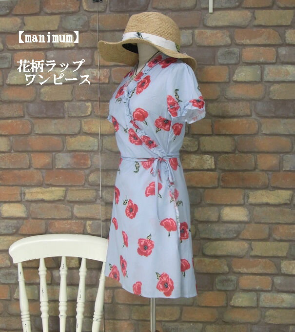 樂天商城 - 『manimum』花柄ラップ半袖ワンピース(ブルー)(夏向け) レディース 女性 青　巻きワンピース　花柄ラップ フリル ストリートカジュアル【メニマム】