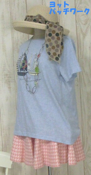 『Emago』〜ヨット柄パッチワーク〜半袖Tシャツ(ブルー)（春・夏・秋） レディース トップス 女性 綿10..