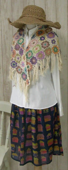 〜ヨーロッパのおうち？〜カラフルおうち総柄スカート(ネイビー)(春・秋) レディース 女性 ボトムス 7分丈 ミディ丈 ミディアム丈 ミモレ丈 ロング 家 紺