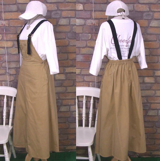 『ESTACOT』大人カジュアル☆コットン（チノ素材）ジャンスカ(ベージュ)（秋・春）レディース　女性　黄土色 ジャンパースカート 茶系 サロペット 綿100【エスタコット】