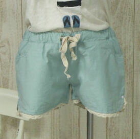 樂天商城 - 〜裾レース〜やや短め☆無地ショートパンツ(青緑)(春・夏)レディース 女性 3分丈 パンツ ボトムス ショート 短 グリーン