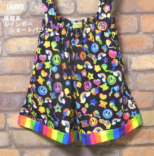 «ACDC RAG» RAINBOW Shorts MIX Harajuku Decora Talla grande Unisex [Harajuku] (Arco iris negro) (Primavera/Otoño/Verano) Pantalones negros para mujer Bottoms Short Subculture Dance Pop Multicolor Colorido Allover Nico-chan «ACDC RAG»