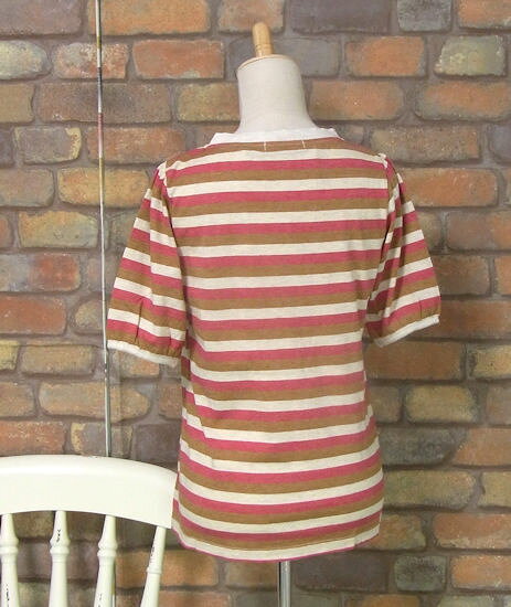 パネルボーダーリボン半袖Tシャツ(朱褐色アイボリー)(春・秋・夏) レディース トップス 女性 横縞 オレンジ renren-10017922 おばけのかくれんぼrenren店 サンプル画像2