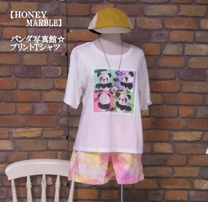 『HONEY MARBLE』パンダ写真館☆★半袖Tシャツ(ホワイト)（春・夏・秋）レディース トップス 女性 カットソー 熊猫 かわいい 白 ややリアル 原宿 ガーリー ポップ【Honey Marble(ハニーマーブル)】
