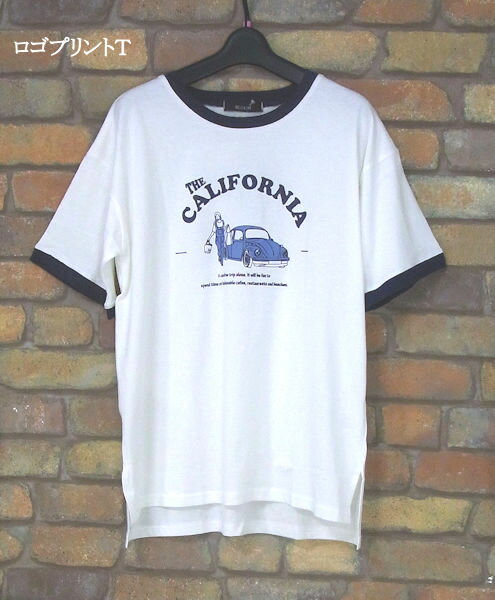 乐天商城 - 車と女性☆ロゴプリント半袖Tシャツ(ホワイト/ネイビー)（春・夏） レディース トップス 女性 半袖 ガール レディ