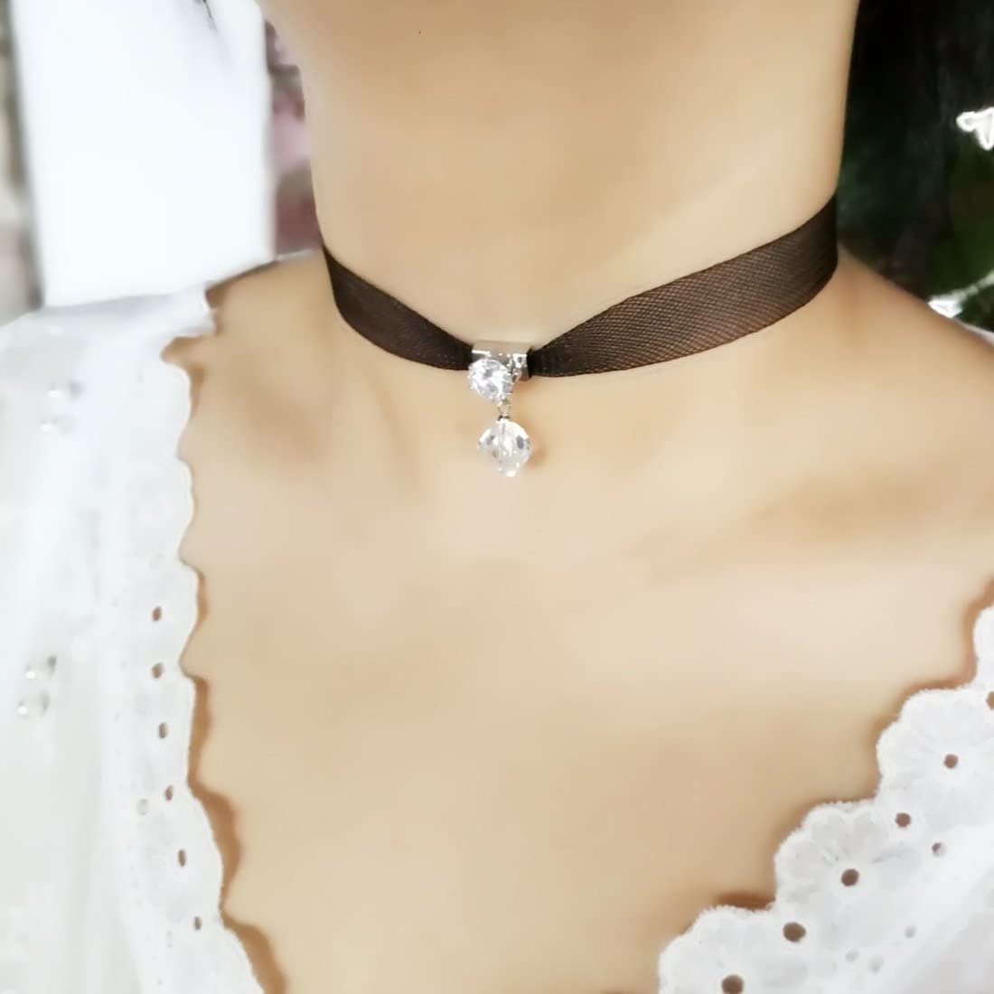 MECHOSEN レデイース チョーカー レース 黒い 一粒のスワロフスキー クリスタル punkchoker cosplay 大粒 ジルコン かわいい ネックレス 首輪 シンプル キラキラ アンティーク ファション