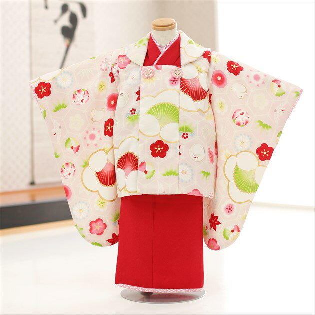 【レンタル】3歳 女の子 着物 七五三レンタル f1424 被布セット 着物レンタル 753 被布 貸衣装 3才 結婚式 和服 子供着物 人気 モダン かわいい 誕生日 hifu フォトブック無料サービス 2021 「九重」ブランド　赤×ピンクに古典縁起文様