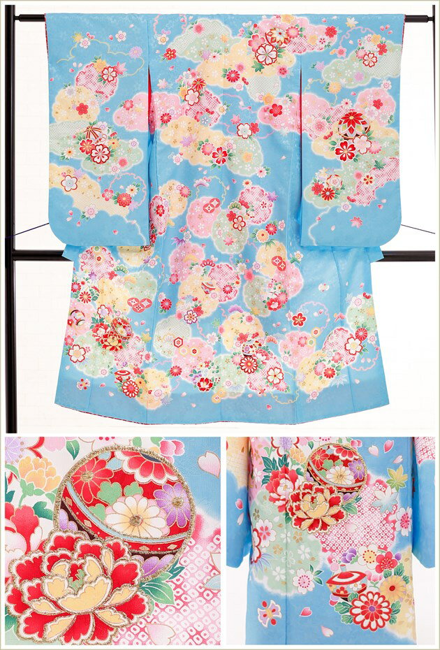 七五三 レンタル 7歳 女の子　j7172 「花うさぎ」ブランド 水色に慶びの祝彩花 〔フルセット〕〔七五三 着物レンタル〕〔子供着物〕〔753〕〔6歳〕〔七歳〕〔7才〕〔結婚式〕〔七草〕〔着物レンタル〕〔人気〕〔貸衣装〕〔お稽古〕 【fy16REN07】 2