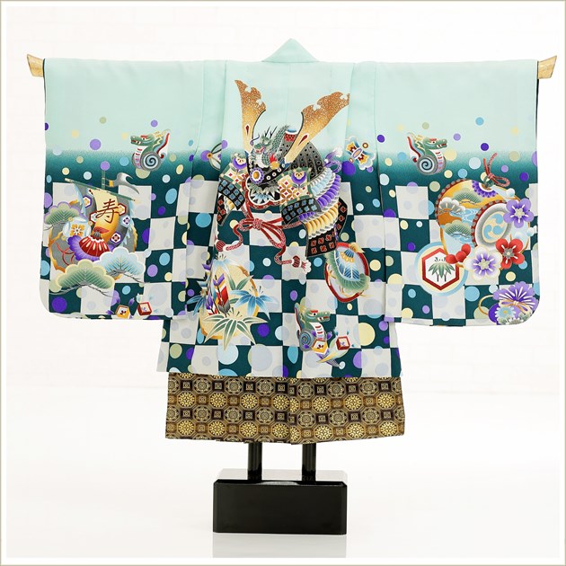 5歳 男の子 七五三レンタル d4040【100cm〜110cm】七五三袴セットレンタル 753 着物レンタル 貸衣装 子供着物 結婚式 発表会 男児 かわいい おしゃれ 七草祝い 3歳 4歳 ミニ5歳「和がまま」ブランド ピュアグリーンに慶び武勇兜【レンタル】 2