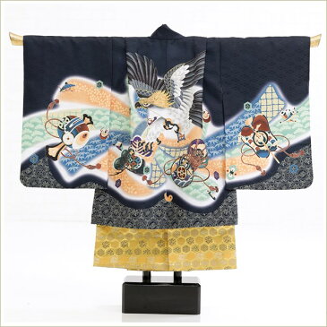【レンタル】5歳 男の子 七五三レンタル 袴 着物レンタル 100cm〜110cm d4139【753セットレンタル】 フルセット 袴レンタル 七五三 前撮り 卒園式 4歳 5才 七草祝い 羽織 2021 人気 レトロ モダン かっこいい 子供着物 「光」ブランド 紺地に祝熨斗に飛翔鷹