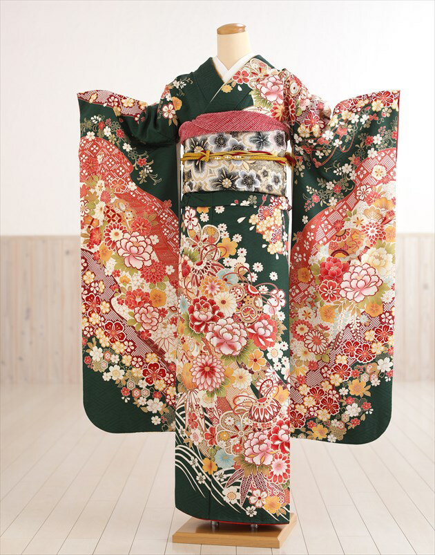 成人式 振袖レンタル fb1284s 振り袖レンタル レトロ モダン かわいい 振袖 高級 正絹 成人式フルセット 貸衣装 着物レンタル 20歳 二十歳 2026年 1月 お正月「緑地に絢爛慶びの彩麗華」往復送料無料 年末からのレンタルOK【fy16REN07】【レンタル】