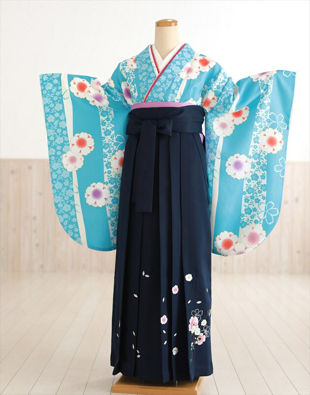 【レンタル】袴レンタル 小学生 女の子 小学校卒業式 joh5023 選べる袴サイズ フルセット ジュニア 着物レンタル 卒業袴 12歳 13歳 6年生 女子 人気 レトロ かわいい 発表会 イベント フォトブックプレゼント 2025 水色に彩りの慶麗花×紺袴