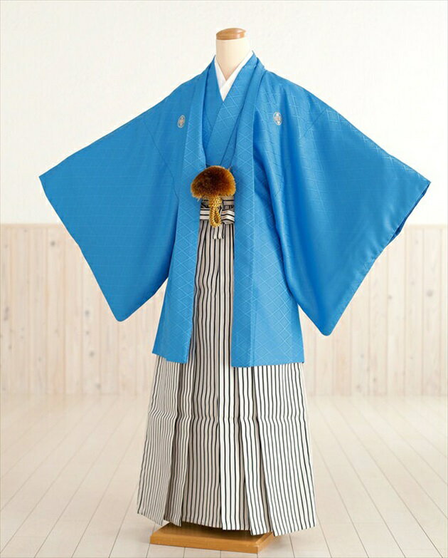 【レンタル】紋付袴レンタル ブルー菱紋に白金縞袴 mo047【紋付きフルセット】《羽織袴レンタル》《着物レンタル》〔袴レンタル〕〔男性着物〕〔貸衣装〕〔卒業式〕〔結婚式〕〔おしゃれ〕〔前撮り〕〔イベント〕〔和服〕〔Mサイズ〕