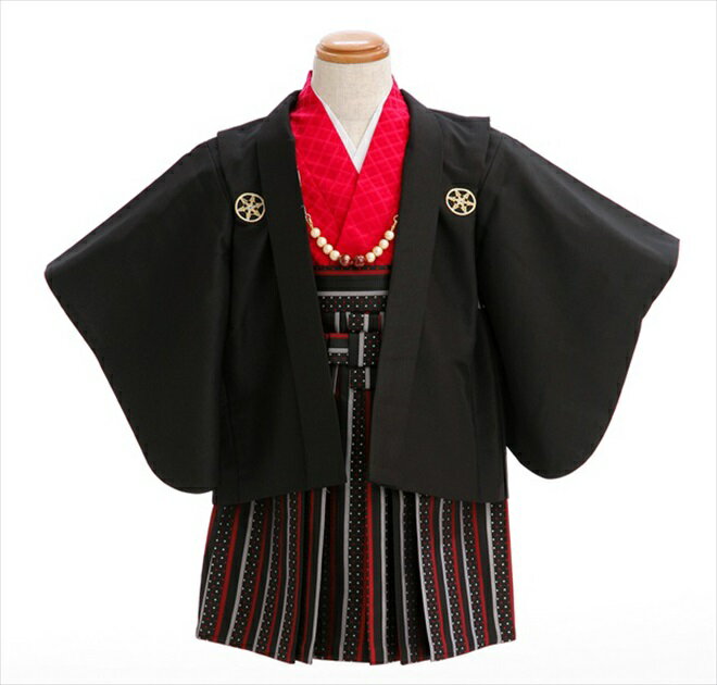 1歳男の子用着物レンタル　黒に赤縞袴　bk001【1歳男児/男の子】《レンタル着物》《ベビー衣装レンタル》〔一才〕〔…