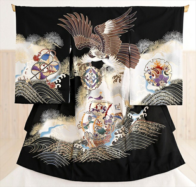 【レンタル】男の子レンタル産着 黒地に宝船軍配と飛翔鷹 md2036【ベビー帽子セット無料レンタル付】《産着レンタル》《祝着レンタル》《着物レンタル》〔男の子産着〕〔お宮参り〕〔お食い初め〕〔初着〕〔赤ちゃん着物〕〔貸衣装〕