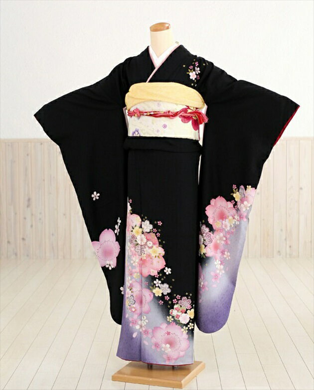 成人式　振袖レンタル　fb1076s　着物レンタル　成人式　振り袖レンタル　成人式　着物レンタル　振袖　振袖レンタル　フルセット　振袖レンタル　二十歳　成人式振袖　正月振袖　1月振袖　貸衣装　古典　レトロ　往復送料無料　新品足袋　黒地に紫ぼかし慶桜花 2026