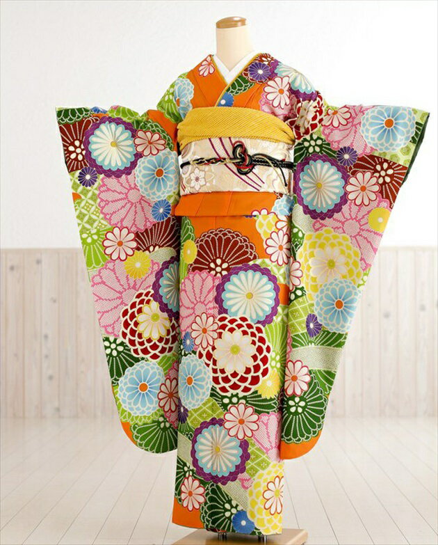 振袖レンタル　成人式　fp1212s　着物レンタル　成人式　振り袖レンタル　成人式　振袖　振袖レンタル　フルセット　二十歳　成人式振袖　正月振袖　1月振袖　貸衣装　古典　レトロ　往復送料無料　「紅一点」ブランド オレンジにモダン慶華絢爛　2026【fy16REN07】