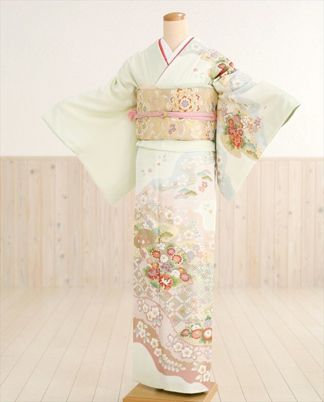卒業式 訪問着レンタル hw1221 上質なグリーンに絢爛祝いの華 【フルセット】入学式 七五三 お宮参り 母親 着物レンタル ママ 母 レンタル訪問着 貸衣装 結婚式 お茶会 卒園式 正絹 【レンタル】【fy16REN07】