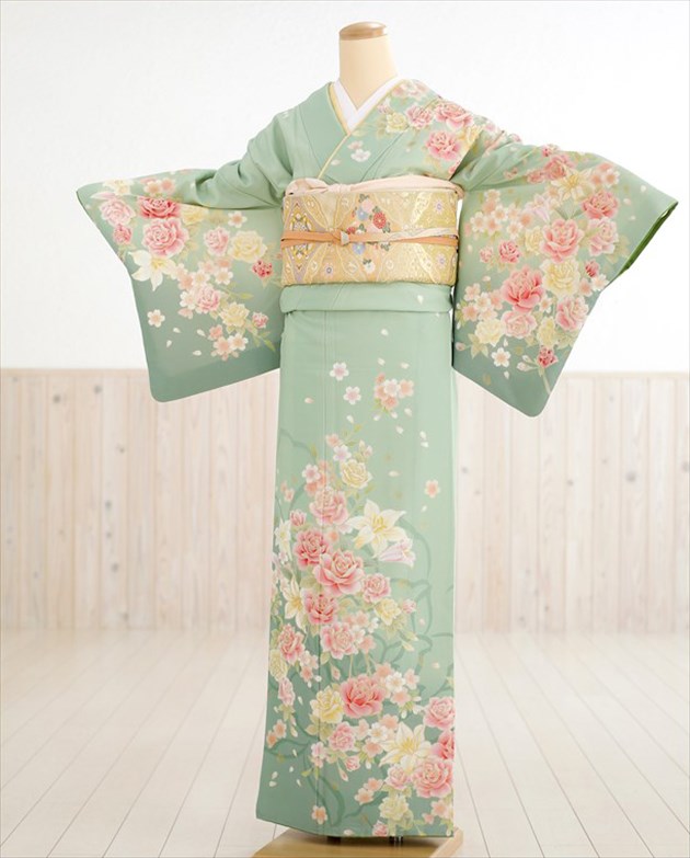 卒業式 母 着物 hw1291 入学式 着物レンタル ママ　七五三　結婚式〔訪問着レンタル〕〔付け下げ 訪問着フルセット〕〔入学式〕〔お宮参り〕〔753〕〔卒園式〕〔母親〕〔貸衣装〕パステルグリーンに絢爛色彩の華 【fy16REN07】