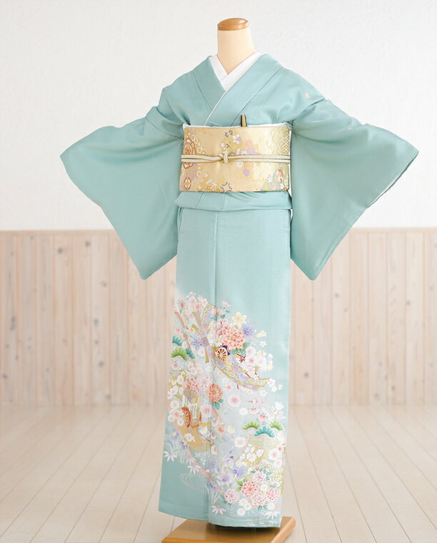 色留袖レンタル 五つ紋 it021 結婚式 着物レンタル 色留め袖 食事会 表彰式 色留め袖レンタル 親族 姉 祖母 式典 人気 正絹 華やか 若いママ　パステルグリーンに慶華祝い熨斗【レンタル】