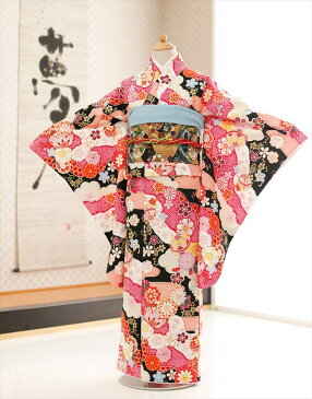 ジュニア着物レンタル 「式部浪漫」ブランド 黒地に紅疋田古典彩華 jk098【女の子フルセットレンタル】/13まいり/結婚式/十三参りレンタル/10歳/11歳/12歳/13歳/卒業式/女の子/イベント/発表会/貸衣装/二分の一成人式/ジュニア振袖/ 【fy16REN07】