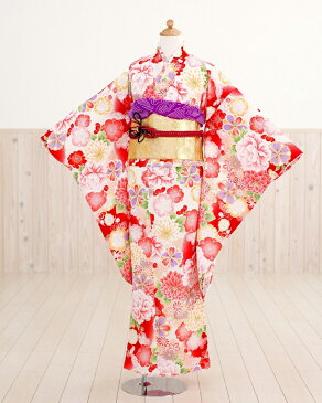 8歳〜10歳 ジュニア着物レンタル 「式部浪曼」ブランド×赤に祝いの慶華 jk1017【女の子フルセットレンタル】〔ハーフ成人式〕〔結婚式〕〔子供用〕〔小学生〕〔3年生〕〔4年生〕〔発表会〕〔貸衣装〕〔1/2〕〔にぶんのいち〕〔ジュニア振袖〕【レンタル】