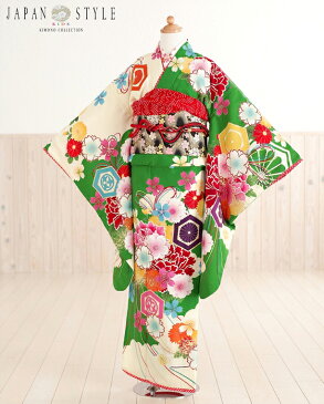 ジュニア着物レンタル 「ジャパンスタイル」ブランド×緑地に祝いの麗華 jk1019【女の子フルセットレンタル】〔結婚式〕〔子供用〕〔8歳・9歳・10歳〕〔小学生〕〔イベント〕〔発表会〕〔貸衣装〕〔1/2成人式〕〔にぶんのいち〕〔ジュニア振袖〕【レンタル】