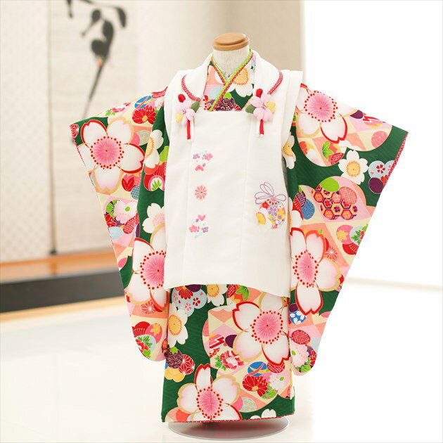 【レンタル】3歳 女の子 着物 七五三レンタル f1285 被布セット 着物レンタル 753 レンタル七五三 被布 貸衣装 三歳 3才 結婚式 和服 子供着物 人気 レトロ モダン かわいい 誕生日 「式部浪漫」ブランド 緑地に彩り吉祥華