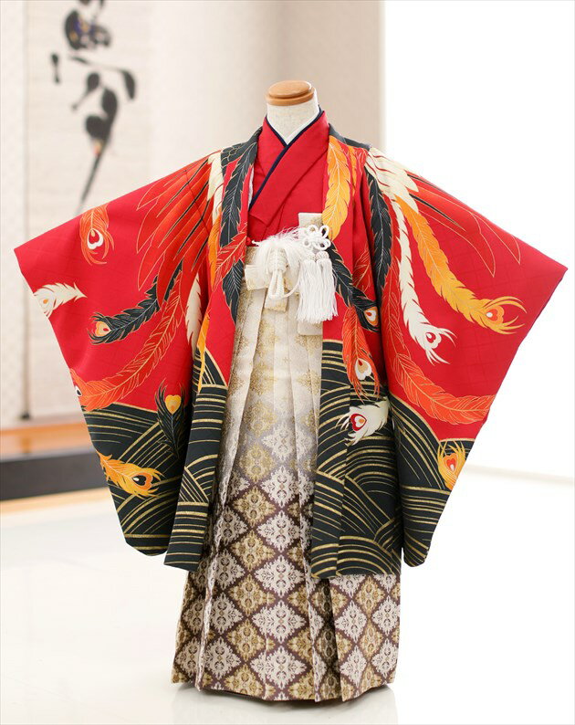 七五三 5歳 男の子 着物レンタル d5265【753レンタル】袴レンタル 七五三フルセット 貸衣装 卒園式 着物レンタル 子供着物 羽織袴 結婚式 5才 七草祝い 人気 モダン レトロ 高級「花わらべ」ブランド 赤地に祝い踊舞鳳凰【レンタル】