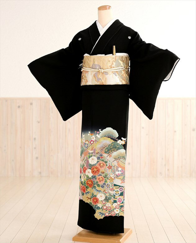留袖 レンタル 黒留袖（レンタル留袖）短冊祝華と慶びの笠松 ts106 【留袖 フルセット】【レンタル　黒留袖】【留め袖】【結婚式】【貸衣装】【女性和服】【母親】留袖レンタル 新品足袋プレゼント 【レンタル】
