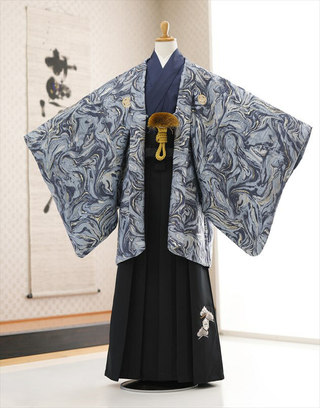 【レンタル】小学校卒業式 袴レンタル 小学生 男の子 jmo156 ジュニア着物 紋付きフルセット〔145cm/15..
