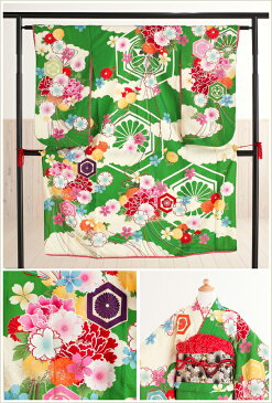 ジュニア着物レンタル 「ジャパンスタイル」ブランド×緑地に祝いの麗華 jk1019【女の子フルセットレンタル】〔結婚式〕〔子供用〕〔8歳・9歳・10歳〕〔小学生〕〔イベント〕〔発表会〕〔貸衣装〕〔1/2成人式〕〔にぶんのいち〕〔ジュニア振袖〕【レンタル】