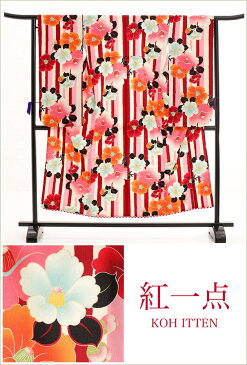 【レンタル】13歳 ジュニア 女の子 着物レンタル jk0132 フルセット 一三参り 結婚式 11歳 12歳 卒業式 イベント 発表会 二分の一成人式 ジュニア振袖 子供着物 人気 レトロ「紅一点」ブランド 紅白ストライプに慶祝花