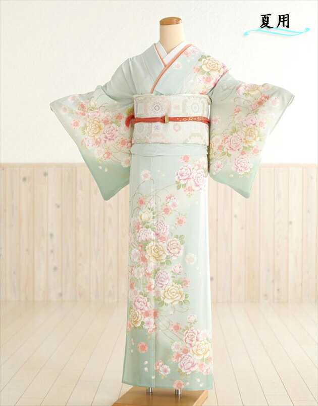 単衣　訪問着レンタル　sh1024　訪問着レンタル　結婚式　訪問着レンタル　夏用　訪問着レンタル　単　訪問着レンタル　お宮参り　訪問着レンタル　6月〜9月　着物レンタル　ママ　母　母親　ライトグリーンに慶華金刺繍【レンタル】