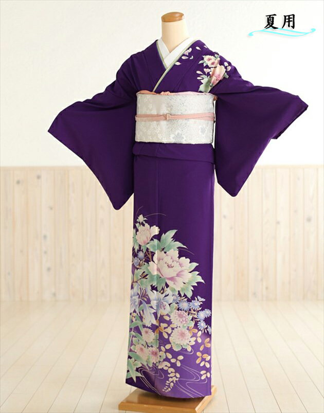 夏用 単衣 訪問着レンタル「ジャパンスタイル」ブランド 紫×慶華流水 sh1030【フルセット】単/着物レンタル/お宮参り/貸衣装/イベント/kimono/サマー/夏/6月/7月/8月/9月/付け下げ/結婚式/涼しい/ママ/母/母親 【fy16REN07】【レンタル】
