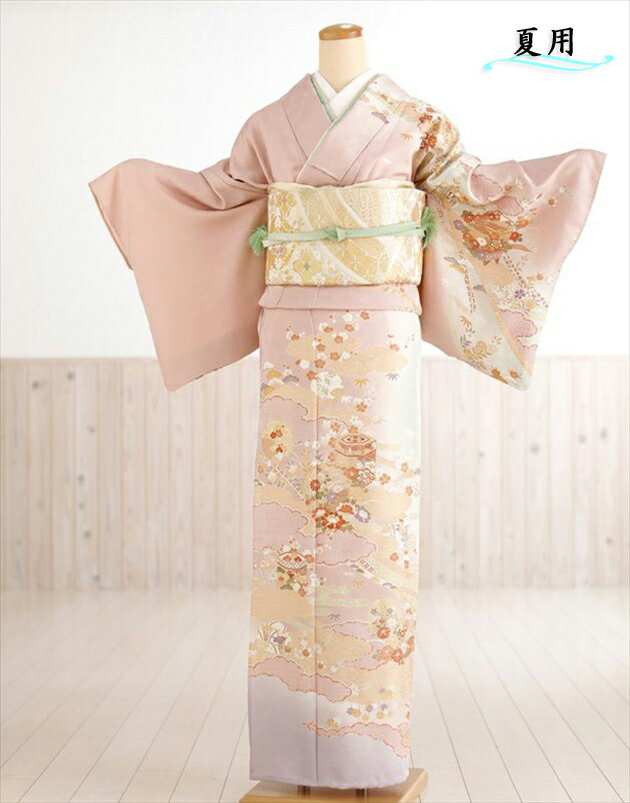 単衣 訪問着レンタル 夏用 sh1082 着物レンタル 付下げ フルセット 結婚式 お宮参り kimono 夏 6月 7月 8月 9月 付け下げ 涼しい ママ 母 母親 houmongi 正絹「アッシュピンクに慶び古典彩華」【fy16REN07】【レンタル】