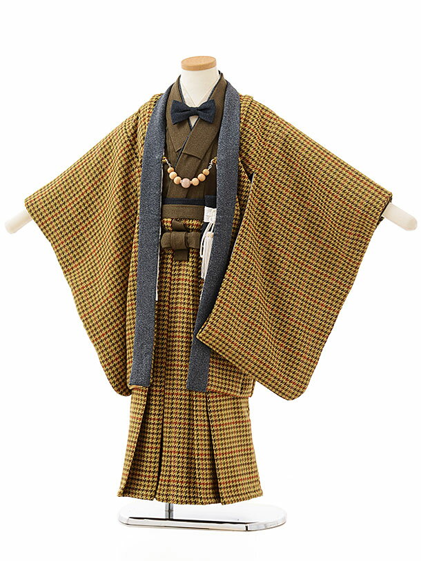 七五三 5歳 フルセット レンタル 753 男児 着物 男の子 ( 五歳 羽織 袴 ) 0079 ラフィネココ グレンチェック/千鳥格子 ナチュラル レトロ カーキ ブラウン【753 衣装 5歳 前撮り 子供 きもの ブランド 男児 男子 卒園式 卒業式 七草祝い】 送料無料 【レンタル】 2
