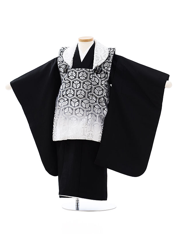 七五三 着物 3歳 レンタル 753 男の子 着物 フルセット ( 三歳 男の子 被布 ) 0182 亀甲繋ぎ シルバー ブラック グラデ—ション/黒【753 七五三 衣装 着物 前撮り 子供 きもの レンタル おとこのこ 男児 男子 ブランド】 送料無料 【レンタル】 2