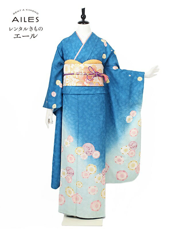 振袖レンタル成人式振袖レンタル 155 165ｃｍ位 ブルーに花模様の清楚で上品な振袖 Furisode 往復送料無料振袖 成人式用は前後最大2 週間の長期レンタル可能青地 レンタル 振袖レンタルフルセット 成人式 Ac0027 青地古典梅成人式振袖フルセット