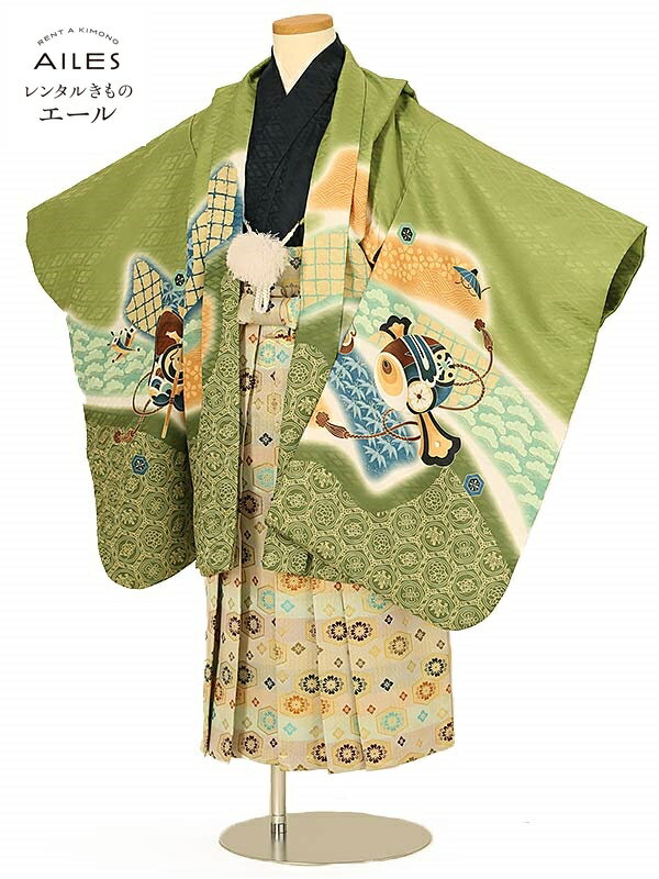 七五三 着物【レンタル】 かんたん七五三 5歳 袴レンタル AO5135 抹茶 緑系 鷹と松 男児 七五三袴 羽織..